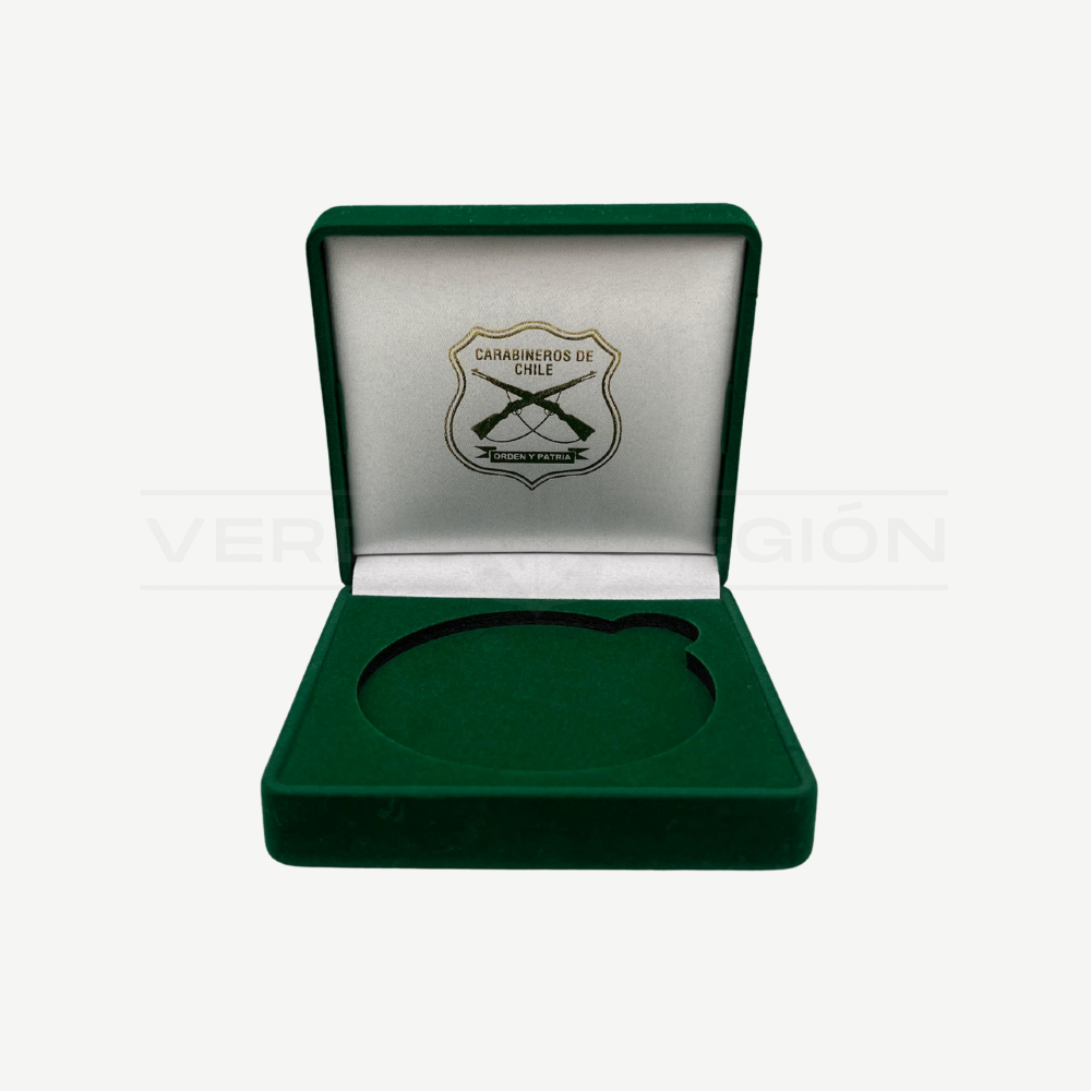 Caja Terciopelo Verde Para Monedas 7cm con Logo Carabineros