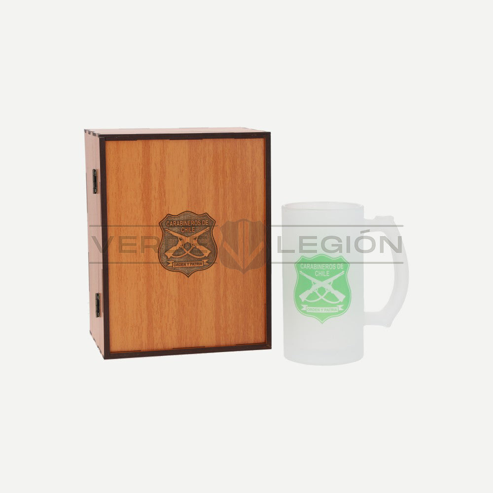 Vaso de Cerveza Schopero Grabado en Caja Madera Escudo Carabineros