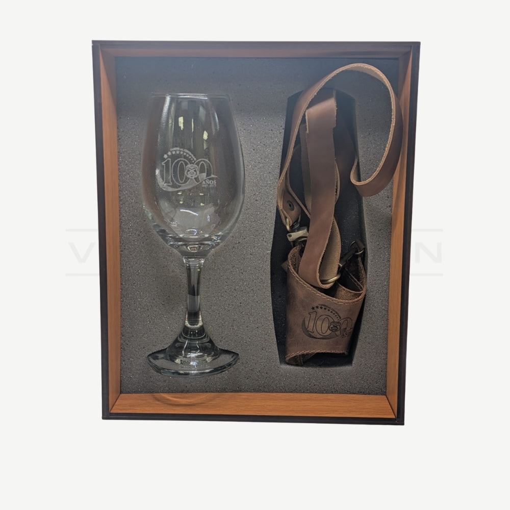 Caja Madera para Botella y Porta Copa Escudo Carabineros Centenario